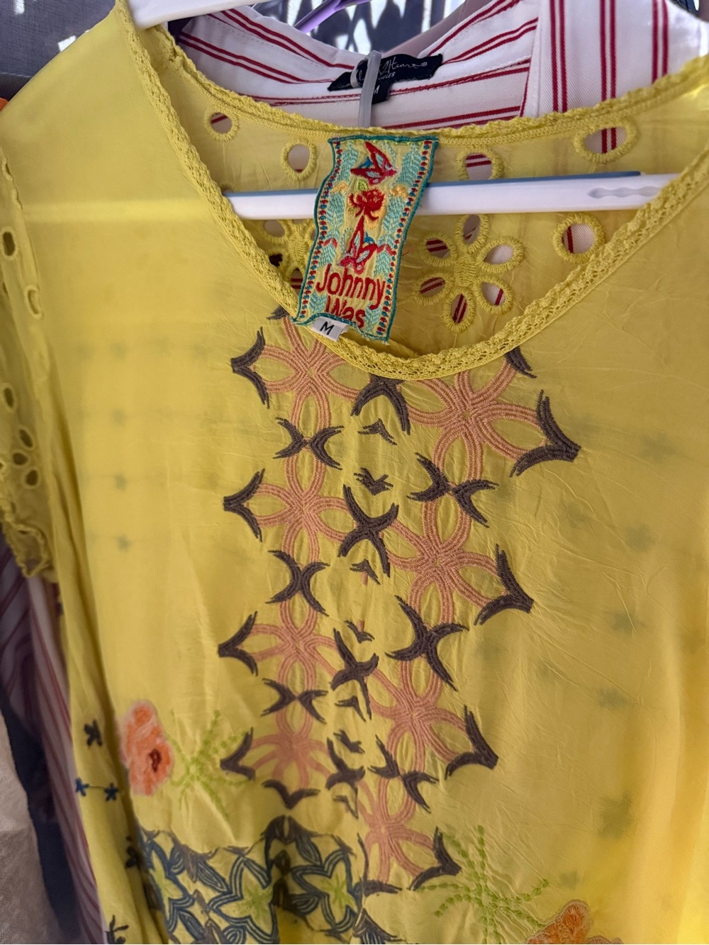 Johnny Was Yellow Embroidered Eyelet Scoop Neck Blouse